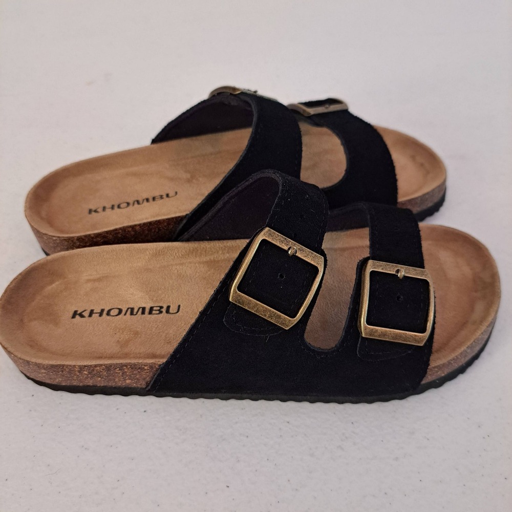 Khombu Slide Sandals‎ Women's 6 Black Suede Double Buckle Cork Insole 1252-378